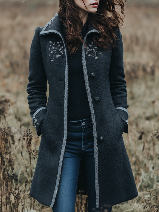 Retro Contrast Trim Floral Embroidery Woolen Polyester Mid-length Jacket