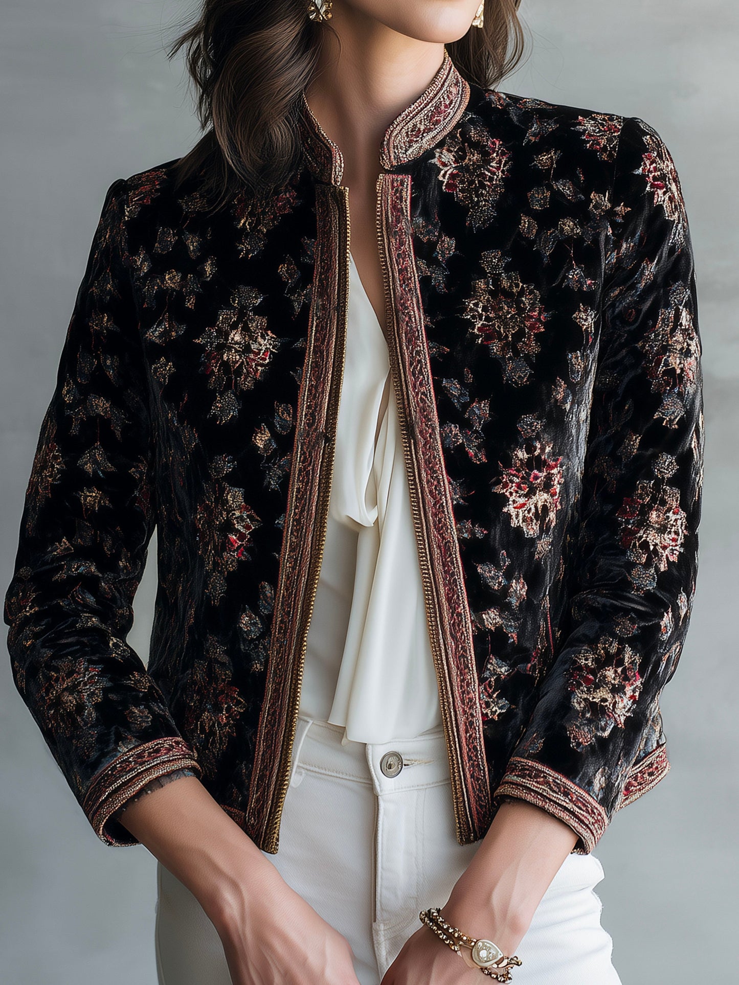 Elegant Black Print Zipper Velvet Jacket With Ribbon Accents