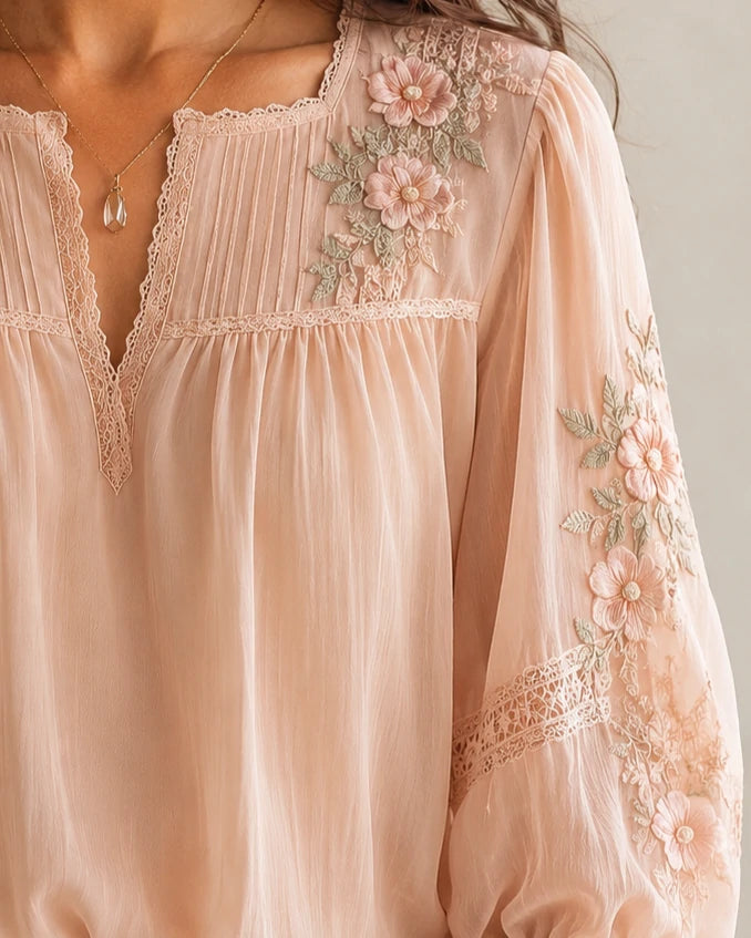 Blush Floral Embroidery Peasant Blouse