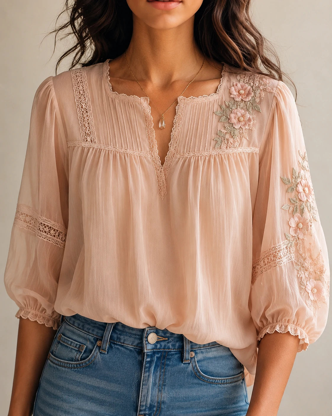 Blush Floral Embroidery Peasant Blouse