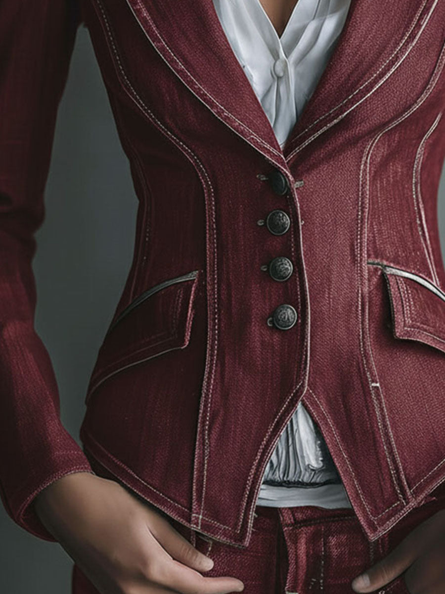 Vintage Burgundy Distressed Denim Tailored Blazer