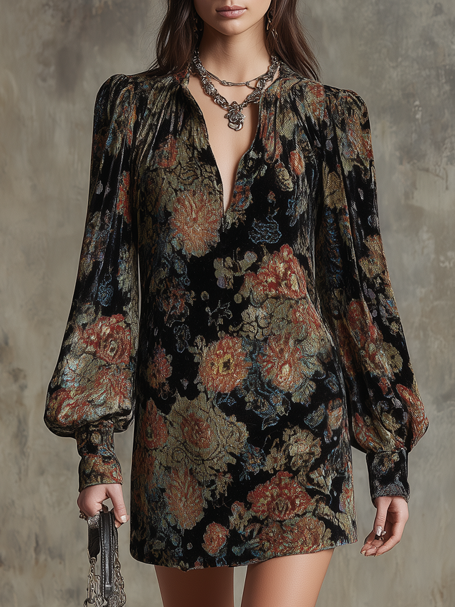 Vintage Floral Pleated Neck Velvet Mini Dress