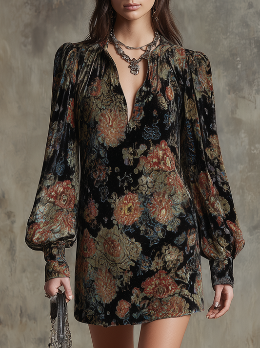 Vintage Floral Pleated Neck Velvet Mini Dress
