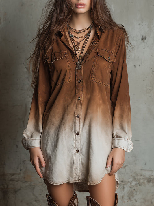 Boho Gradient Washed Denim Shirt Mini Dress