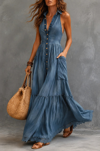 Tencel Denim Sleeveless Button-down Long Dress