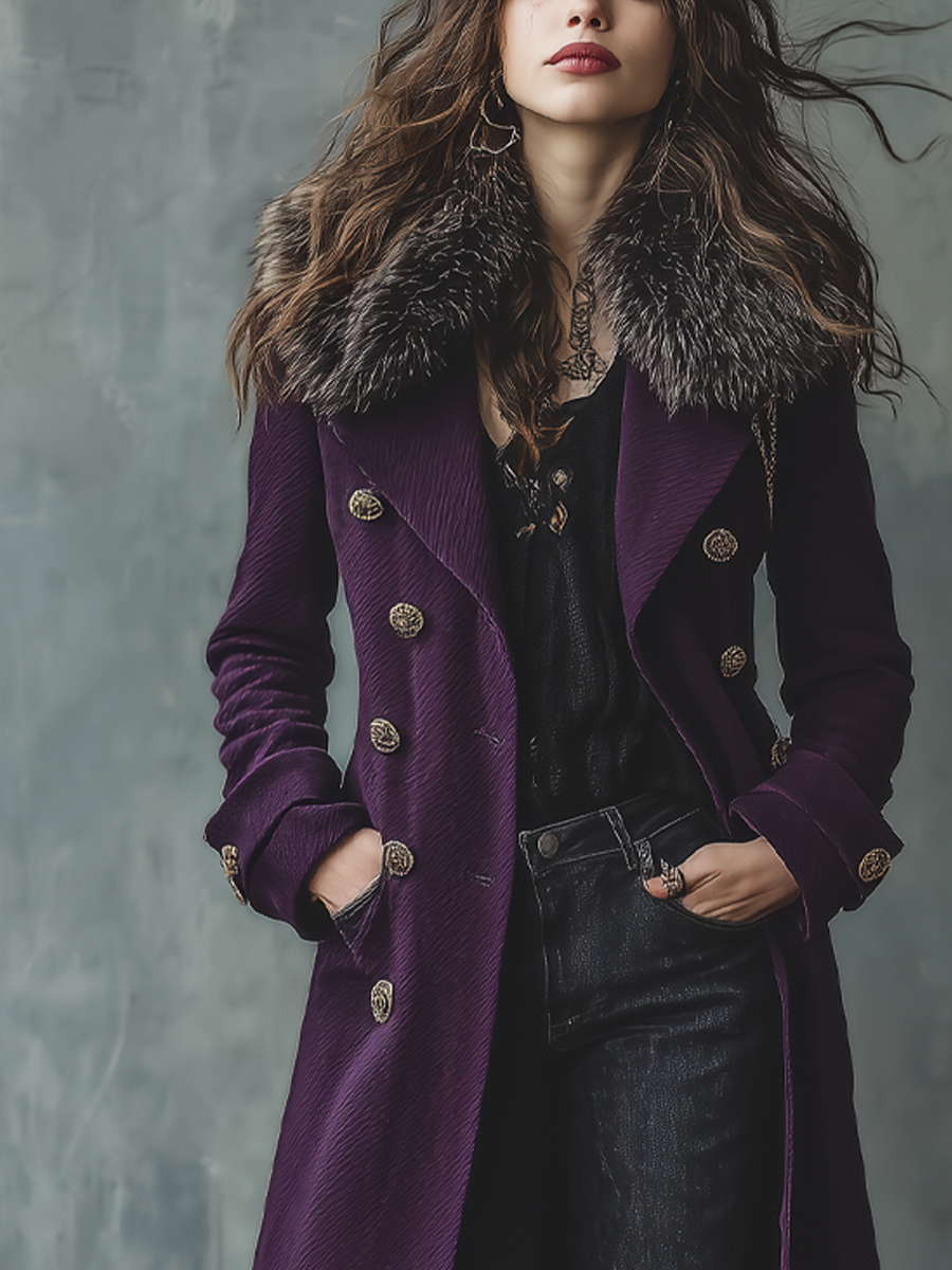 Vintage Faux Fur Collar Double-breasted Coat