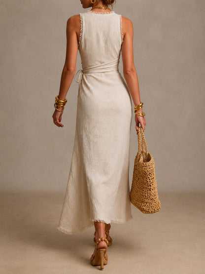 Natural Linen Wrap-Front Ruched Midi Dress With Lace Trim