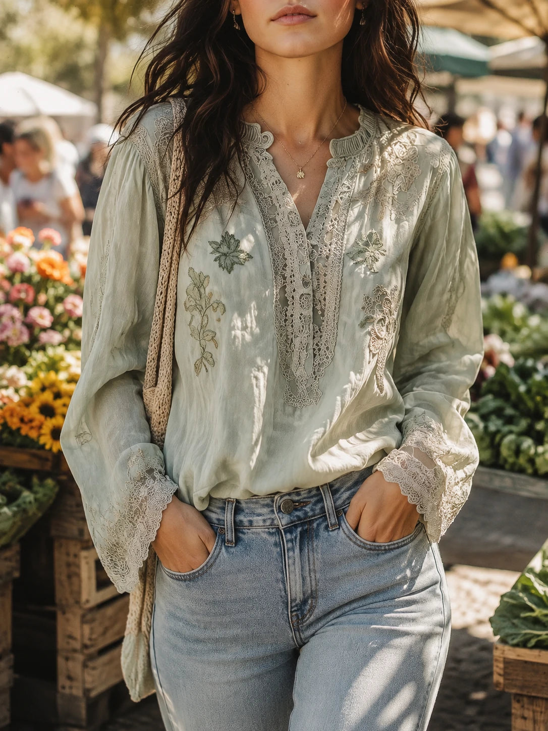 Vintage Green Cotton and Linen Embroidered Henley Collar Shirt