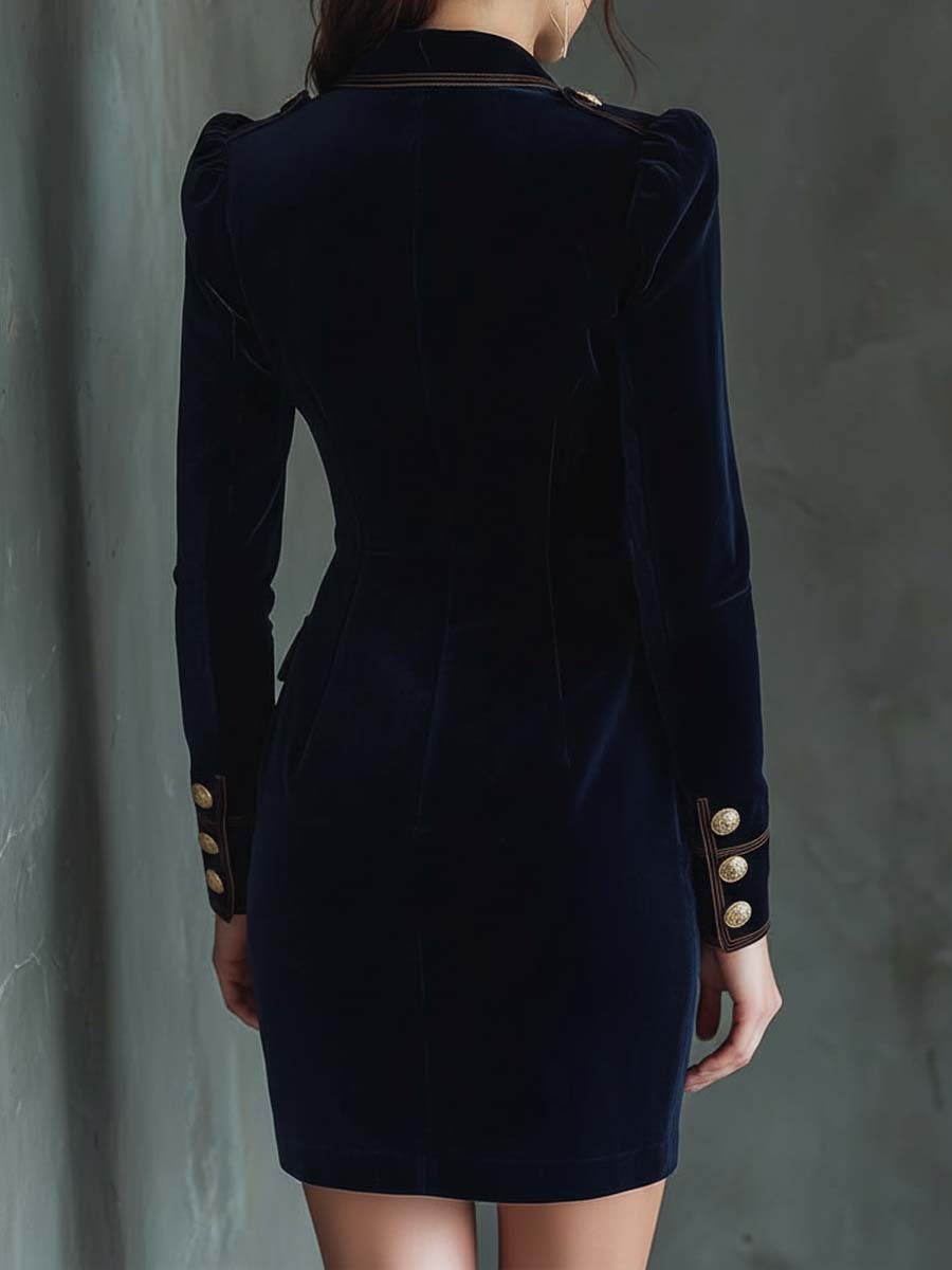 Midnight Navy Velvet Double-Breasted Blazer Dress
