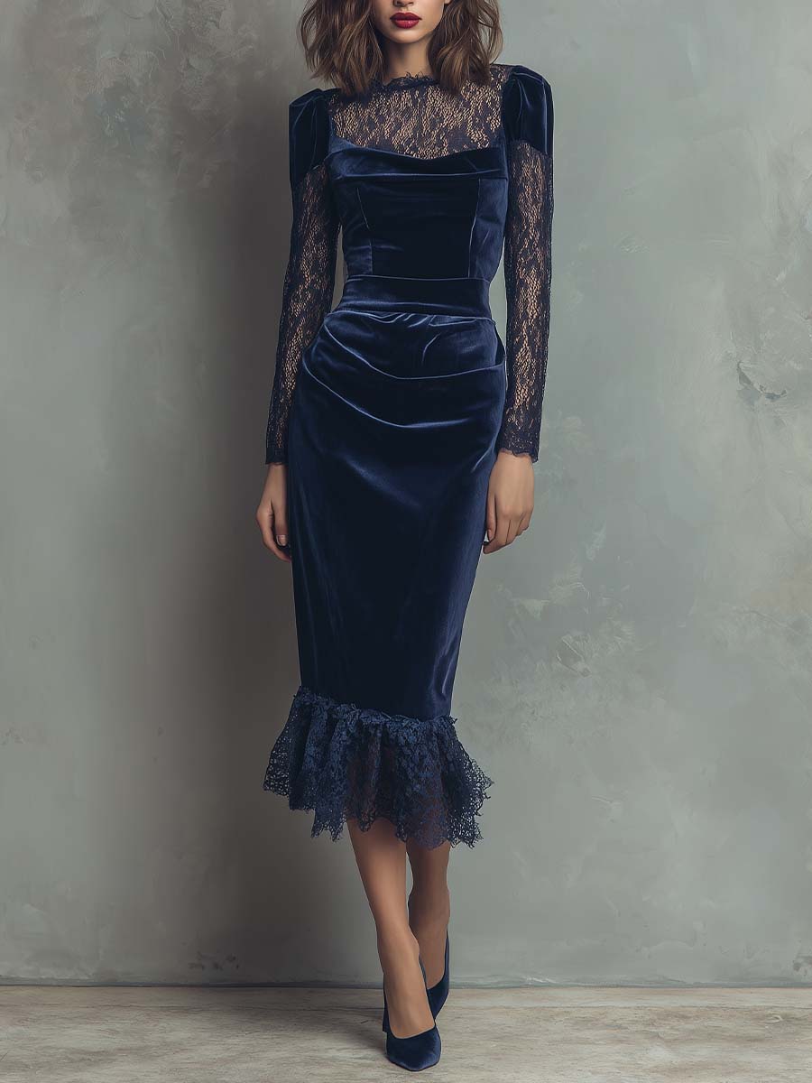 Navy Velvet Lace Midi Dress With Puff Shoulders
