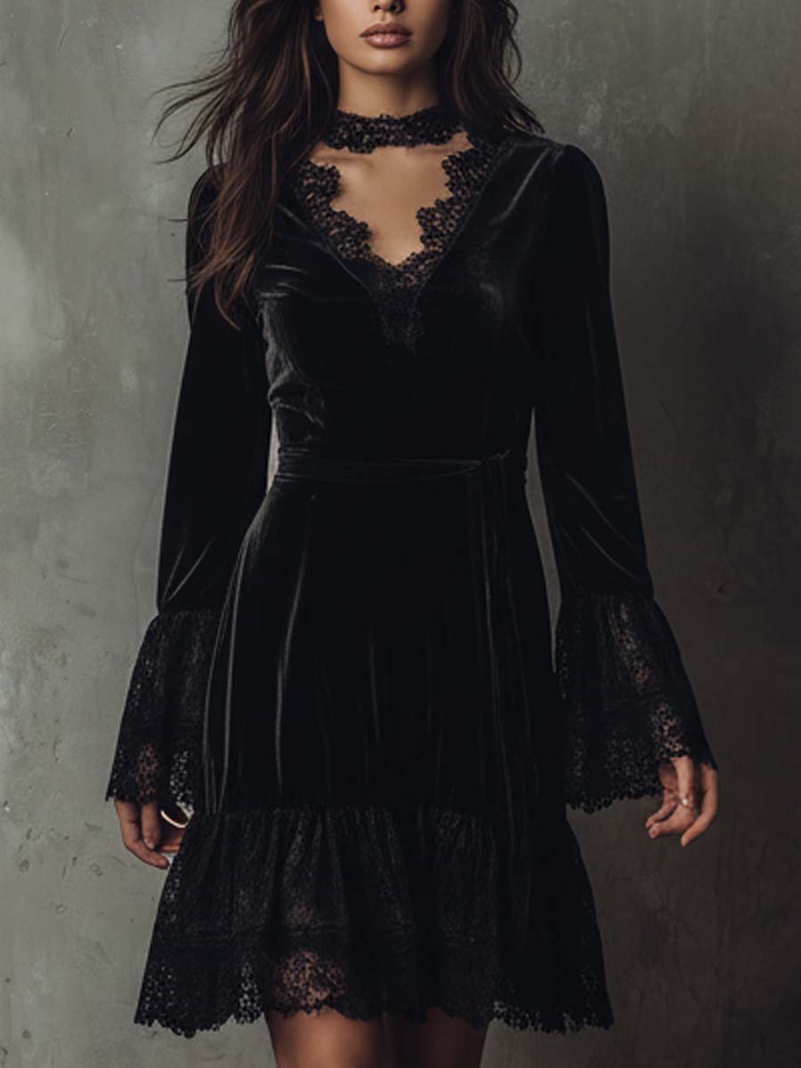 Black Velvet Lace Trim Mini Dress – Vintage Noir Elegance