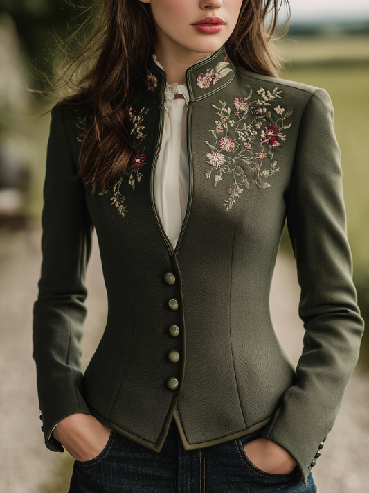 Vintage Floral Embroidered Stand Collar Jacket