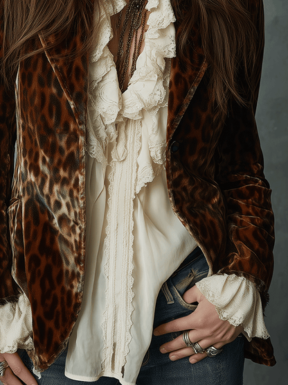 Retro Leopard Pattern Boho Charm Velvet Blazer