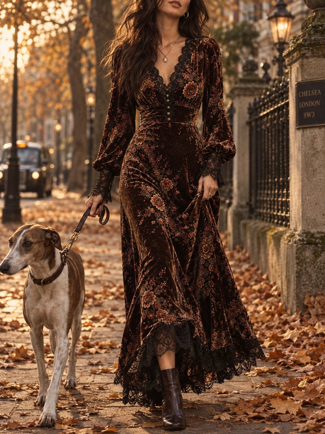 Vintage Velvet Floral Lace V Neck Puff Sleeve Evening Dress