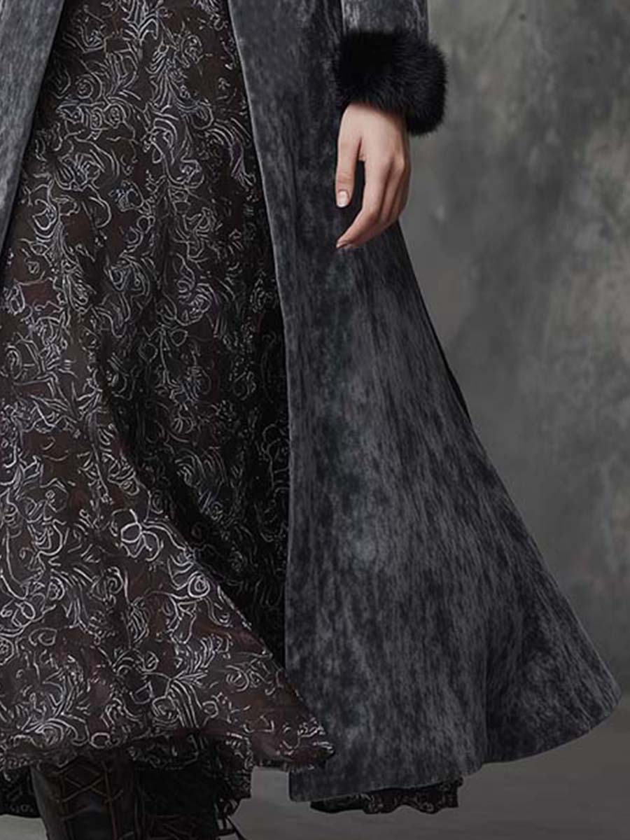 Gray Eco-Suede Long Coat With Faux Fur Collar & Cuffs