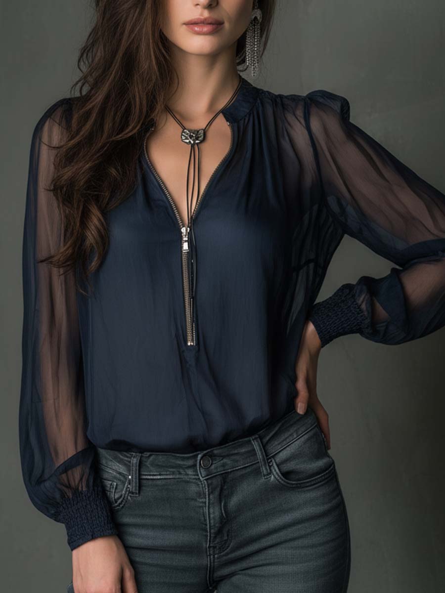 Sheer Chiffon Zip-Front Blouse