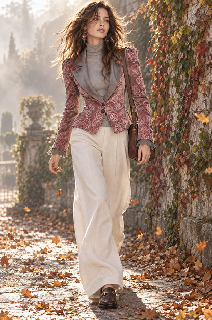 Elegant Velvet Rose-print Peak Lapels Slim-fit Blazer