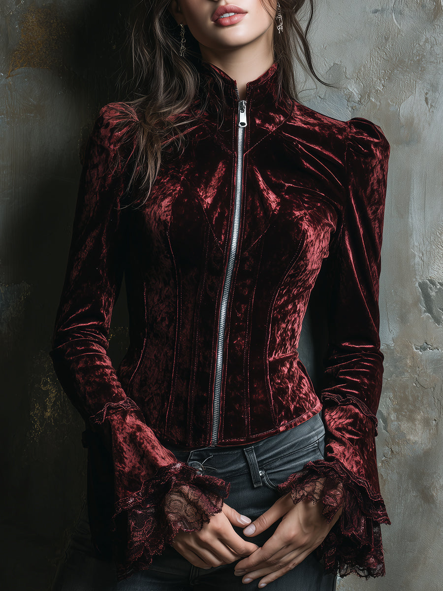 Quiet Luxury Velvet Lace Patchwork Bell Sleeves Blouse