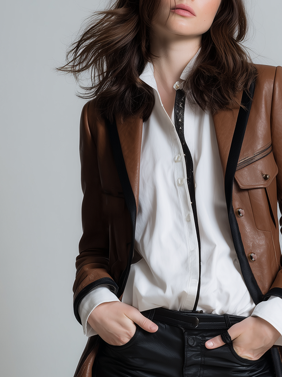 Retro Color-blocked Flap Pocket Faux Leather Blazer