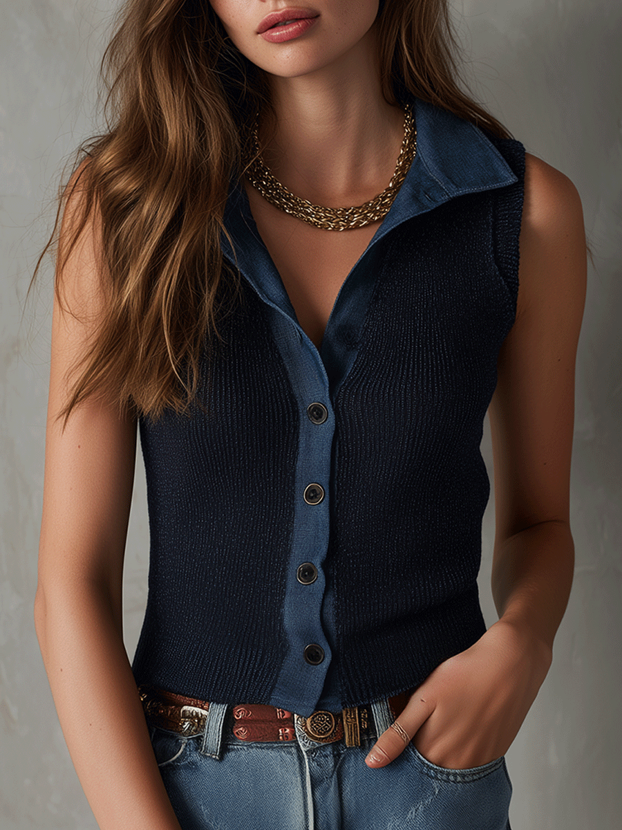 Casual Retro Denim Button Contrast Collar Sleeveless Knitted Vest