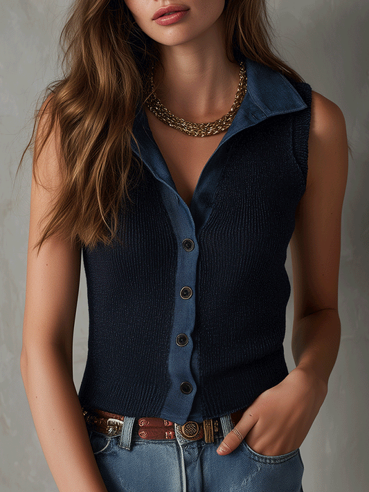 Casual Retro Denim Button Contrast Collar Sleeveless Knitted Vest