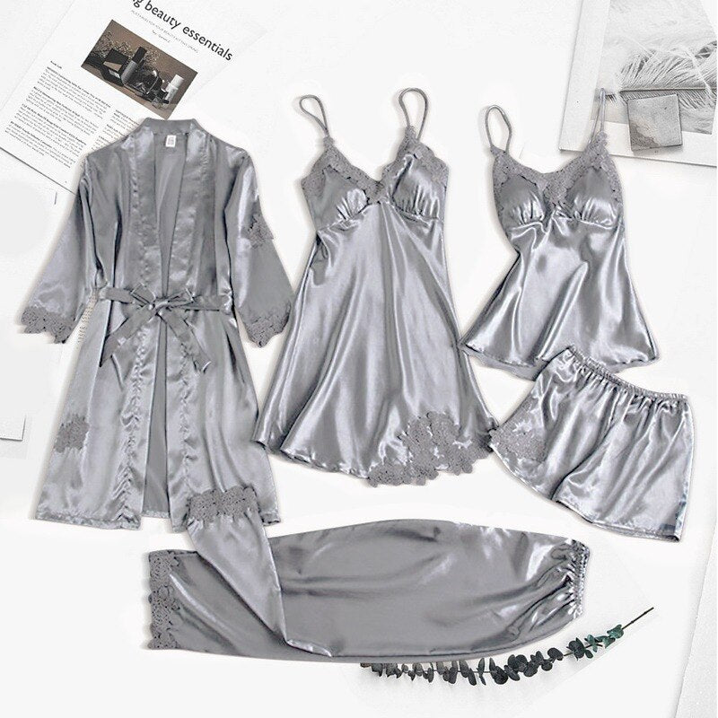 5pcs Suit Ladies Sexy Silk Satin Pajamas Set