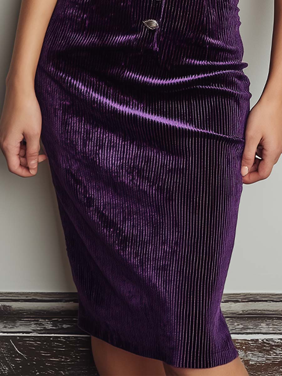 Retro Elegant Purple Striped Velvet Slim Midi Dress