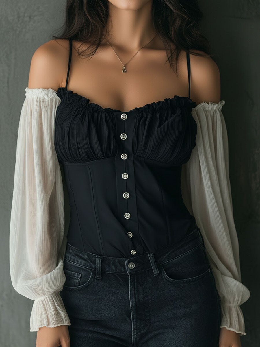 Retro Black Corset Blouse With Contrast Chiffon Sleeves