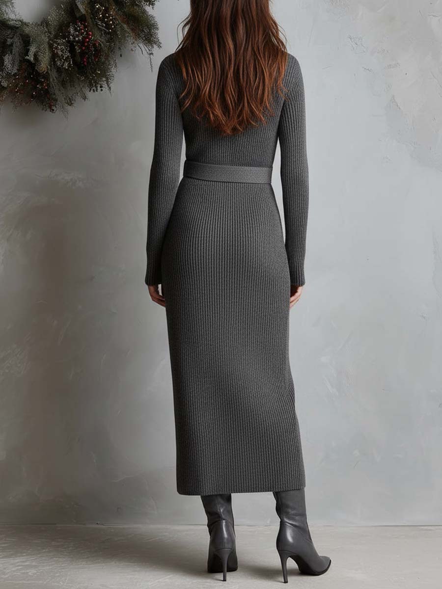 Ribbed Knit Belted Maxi Cardigan Dress With Shawl Collar