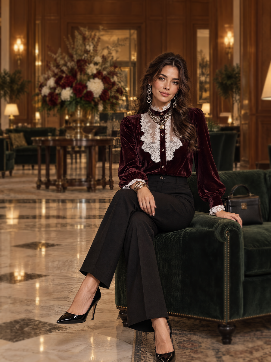 Romantic Burgundy Velvet Lace Panel Button Front Blouse