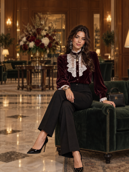 Romantic Burgundy Velvet Lace Panel Button Front Blouse