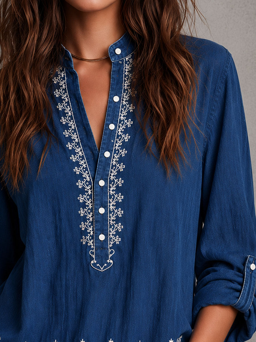 Boho Indigo Denim Embroidered Roll Tab Sleeves Blouse