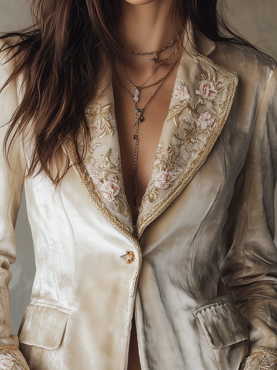 Quiet Luxury Flower Embroidery Slim Velvet Blazer