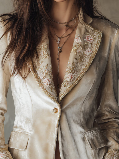 Quiet Luxury Flower Embroidery Slim Velvet Blazer