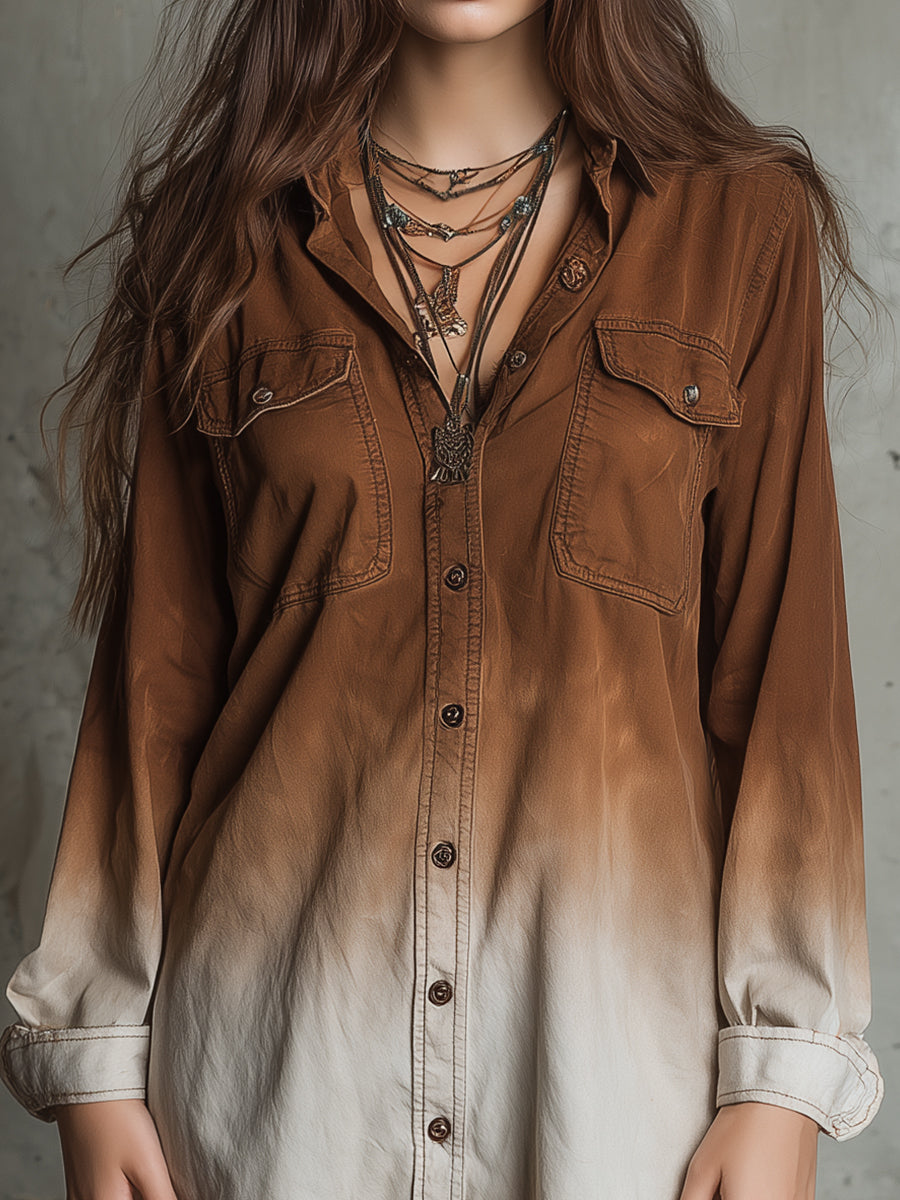 Boho Gradient Washed Denim Shirt Mini Dress