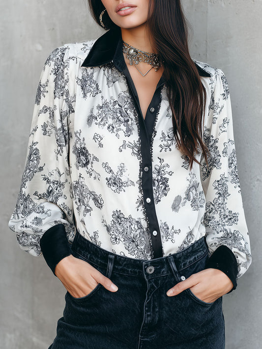 Vintage Monochrome Floral Silk Blouse With Contrast Trim