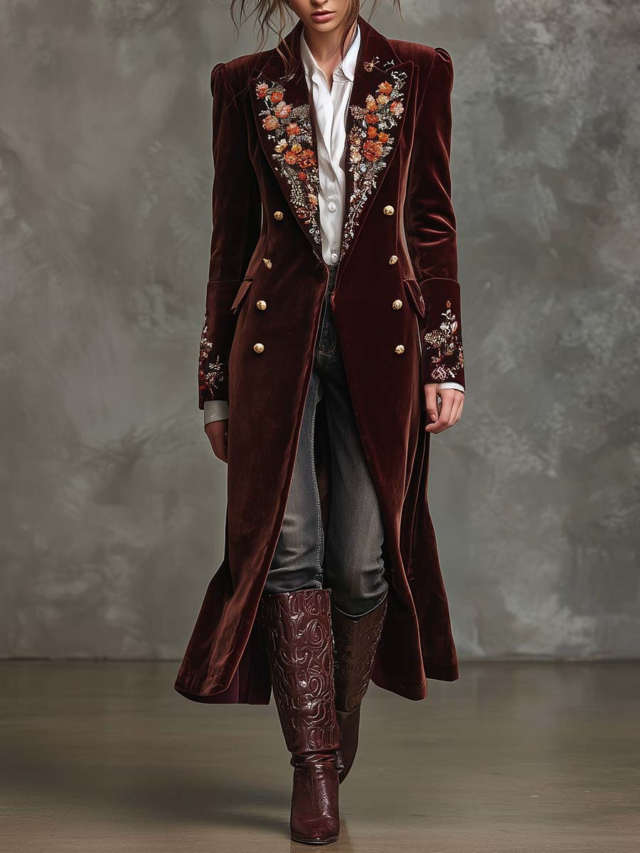 Wine Velvet Embroidered Long Coat With Gold Buttons