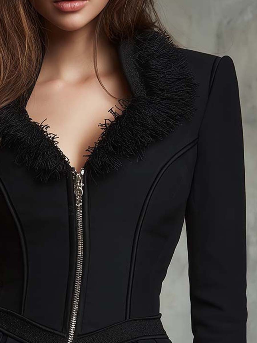 Structured Peplum Jacket With Textured Fringe Collar