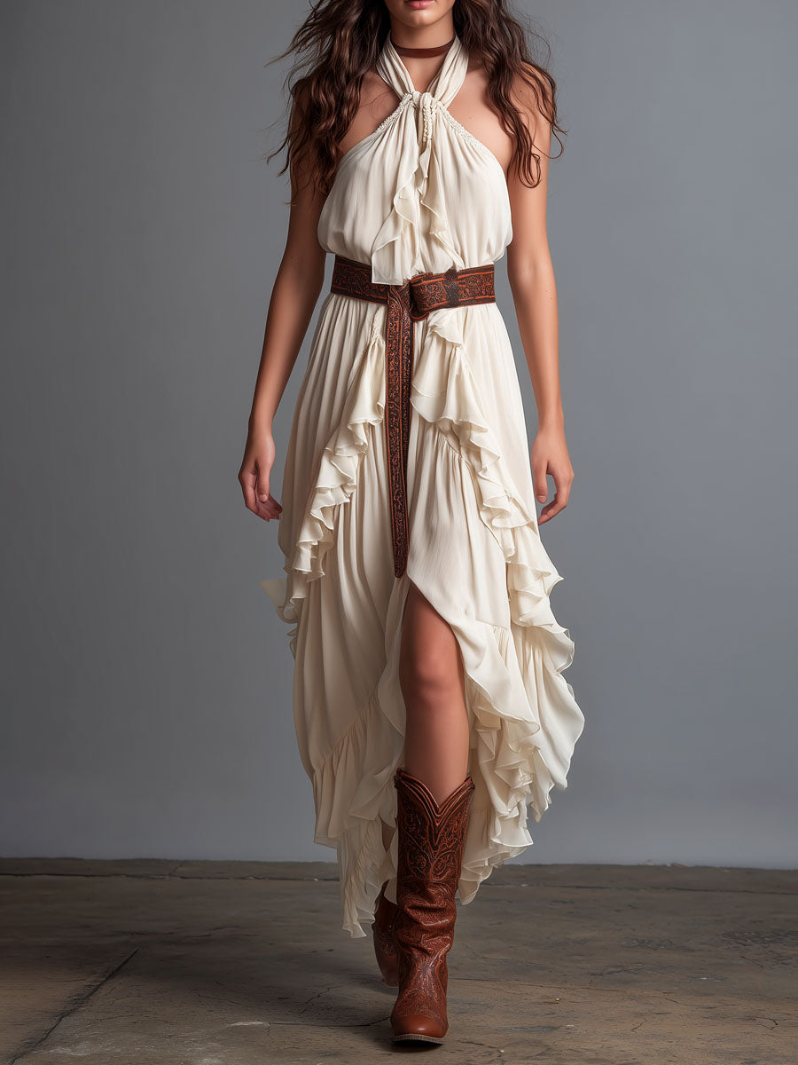 Ivory Flowy Chiffon Halter Maxi Dress With Multi Layered Ruffles Hem