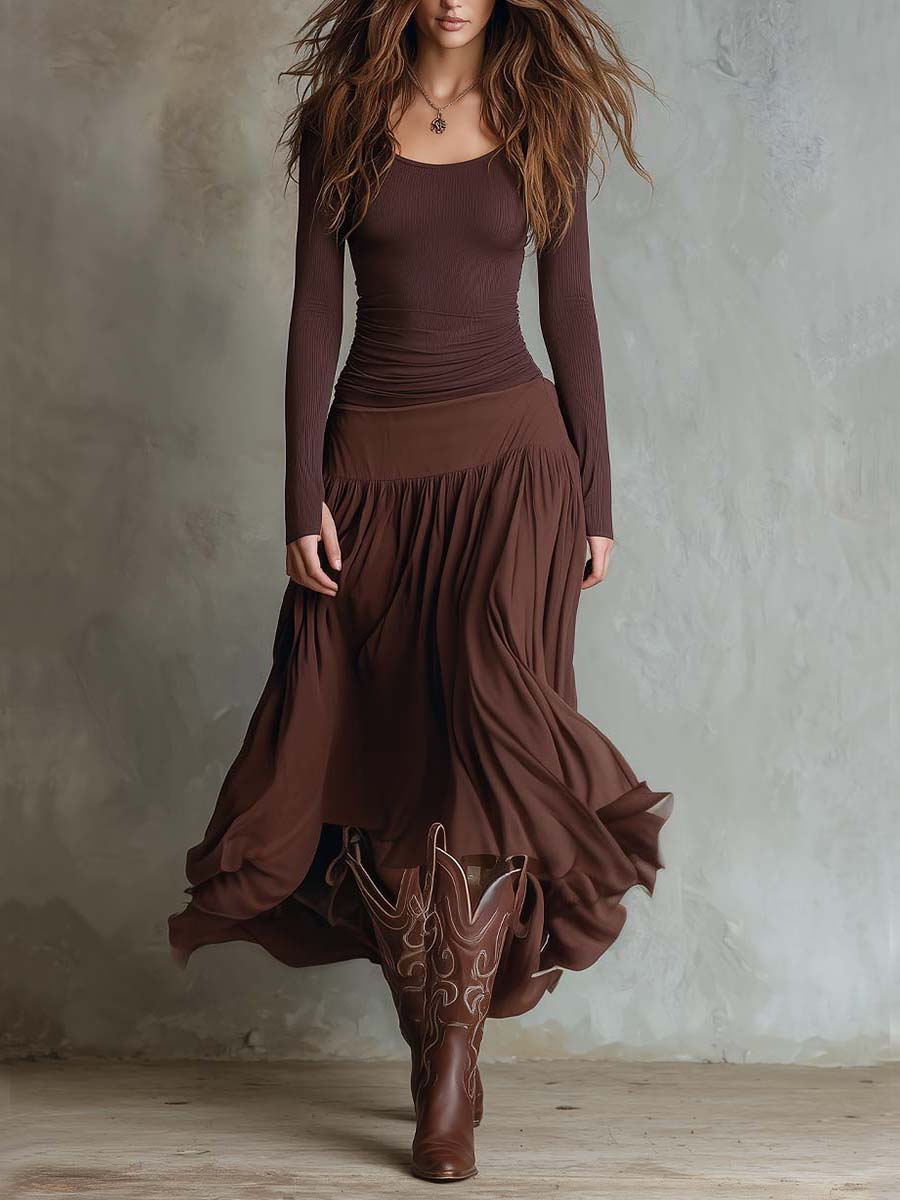 Ribbed Knit And Chiffon Paneled Maxi Dress