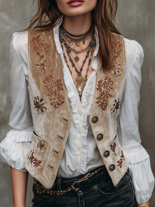 Beige Bohemian Vintage Chic Embroidered Velvet Vest