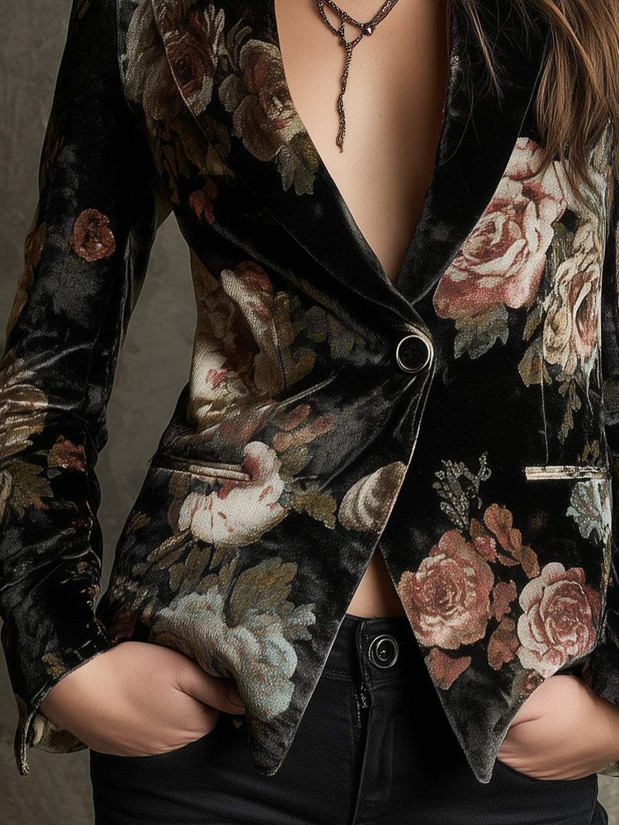 Retro Oil Painting Print Lapel Velvet Blazer