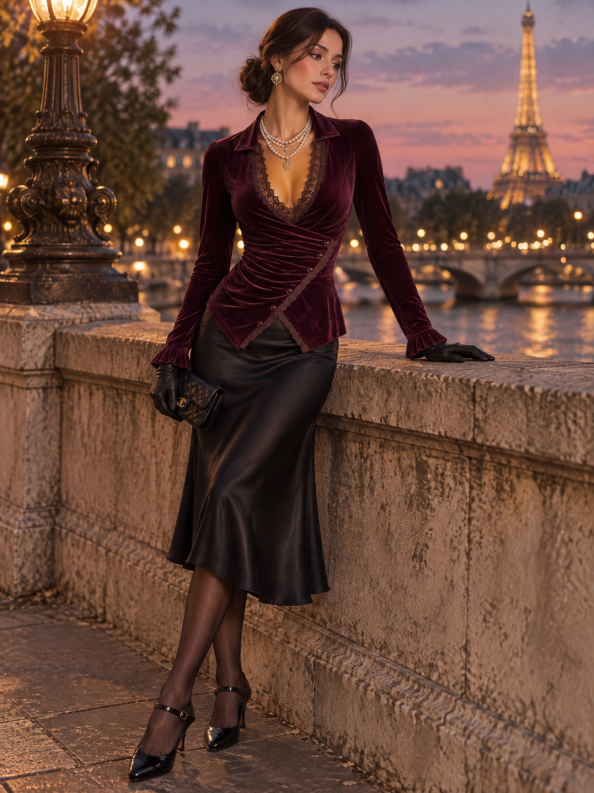 Retro Burgundy Lace Trim Plunging Collar Velvet Wrap Blouse with Ruffle Cuffs