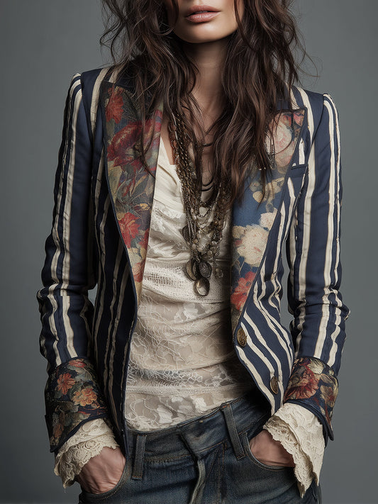 Bohemian Floral Print Cotton And Linen Striped Blazer