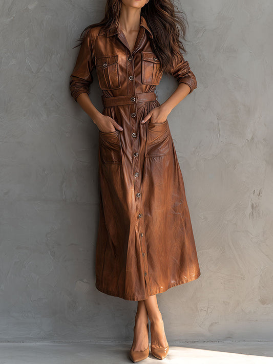Chic Brown Eco Leather Button-Down Midi Shirt Dress