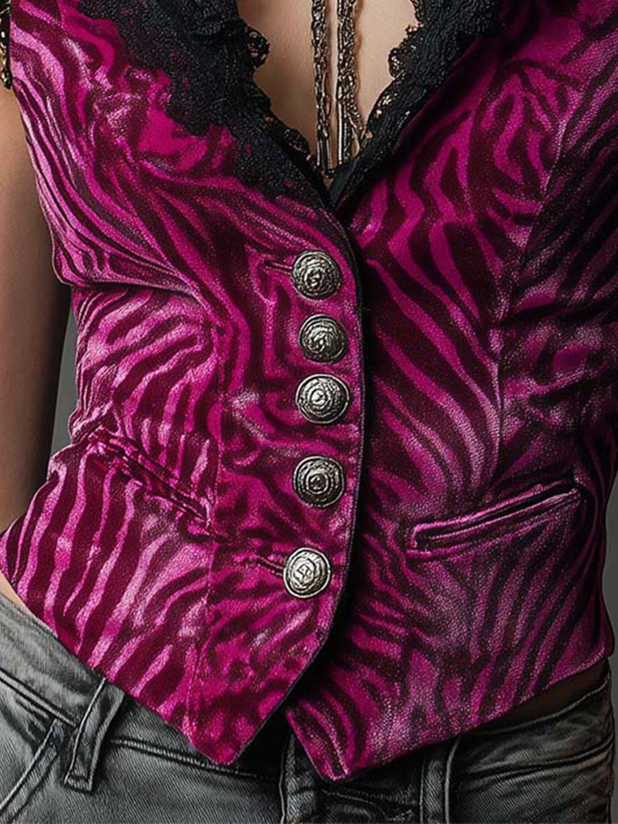 Vintage Magenta Velvet Animal Print Lace Collar Metal Button Vest