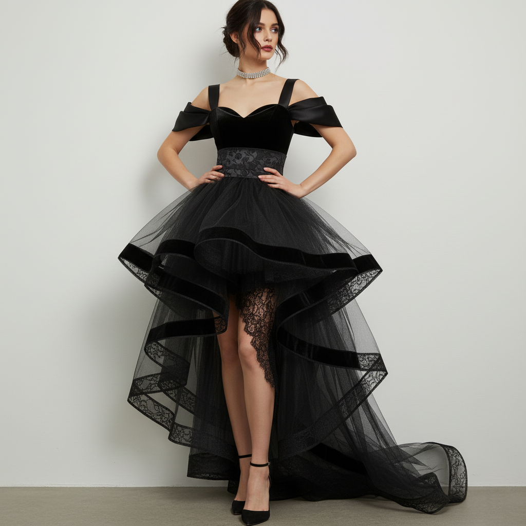 Black Velvet & Tulle High-Low Gown with Lace Accents