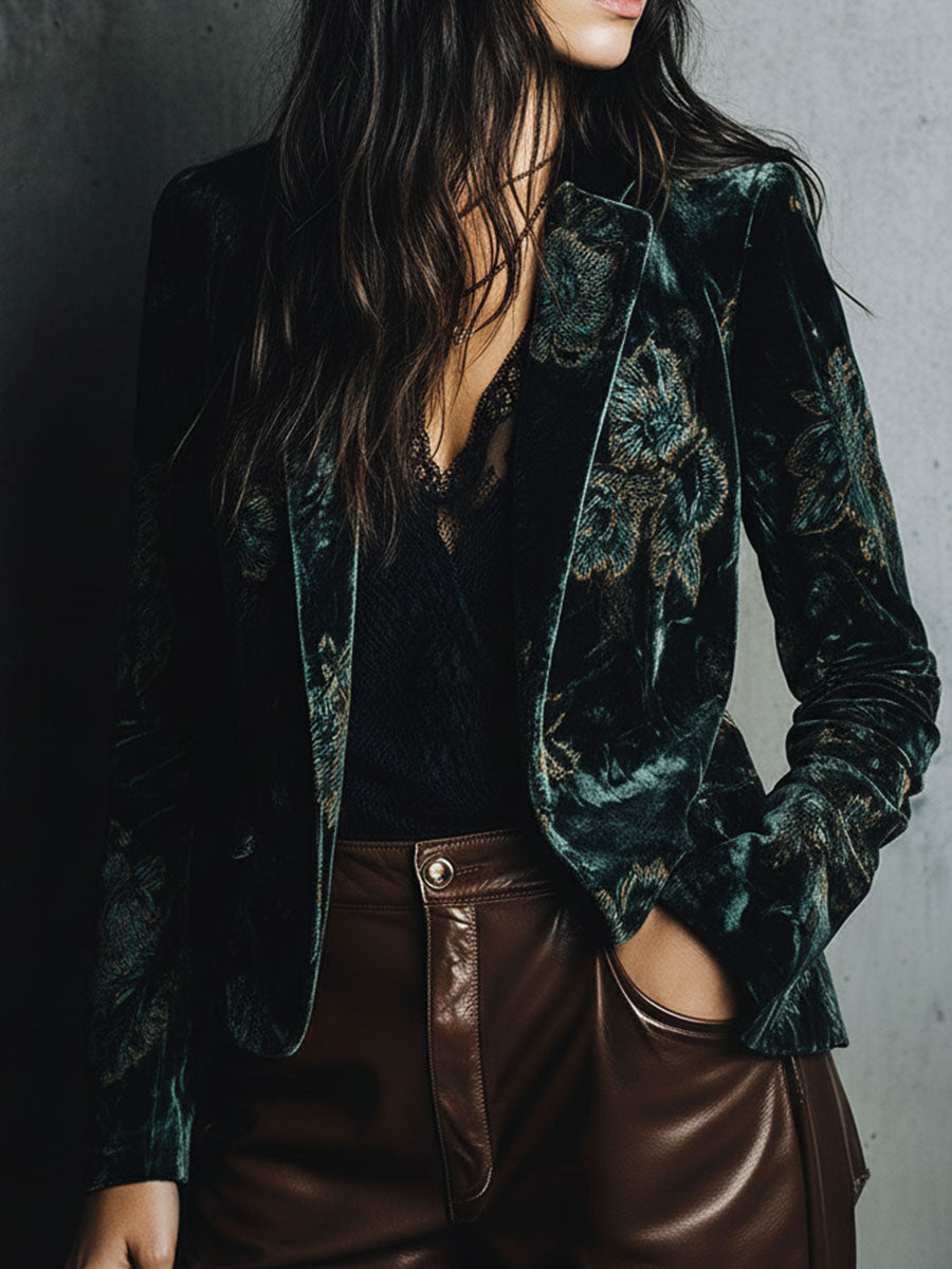 Chic Luxury Green Floral Print Velvet Blazer