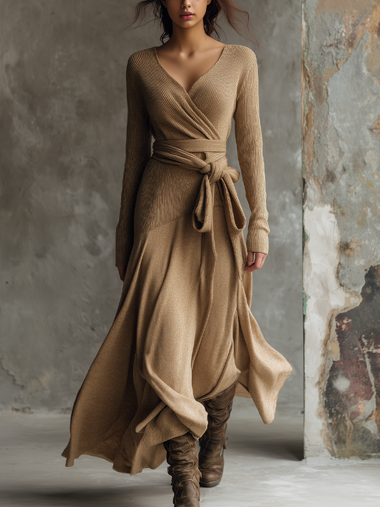 Retro Crossover Neck Knitted Mid-length Dress