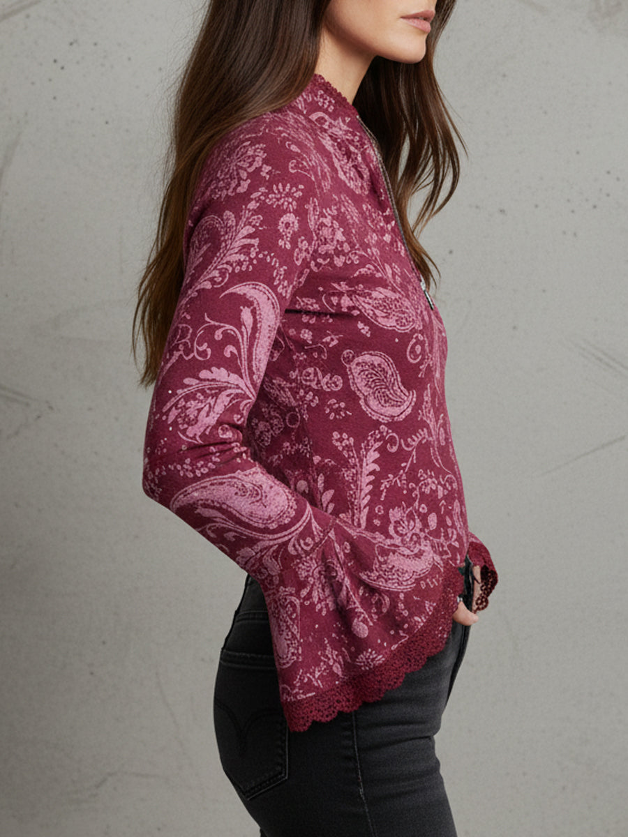 Elegant Cashew Print Rhinestone Lace Trim Blouse